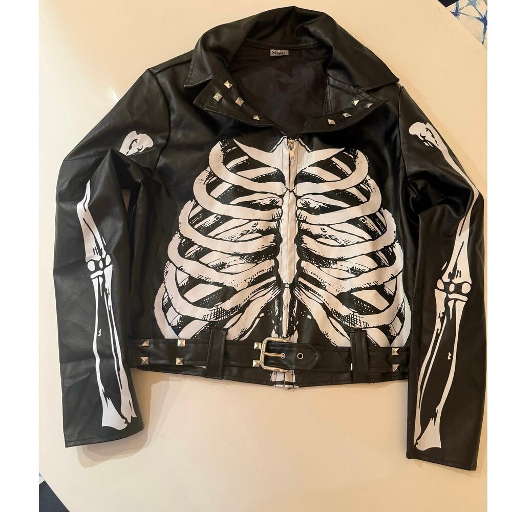 Spirit Halloween Adult Cropped Skeleton Faux Leather Jacket Medium
